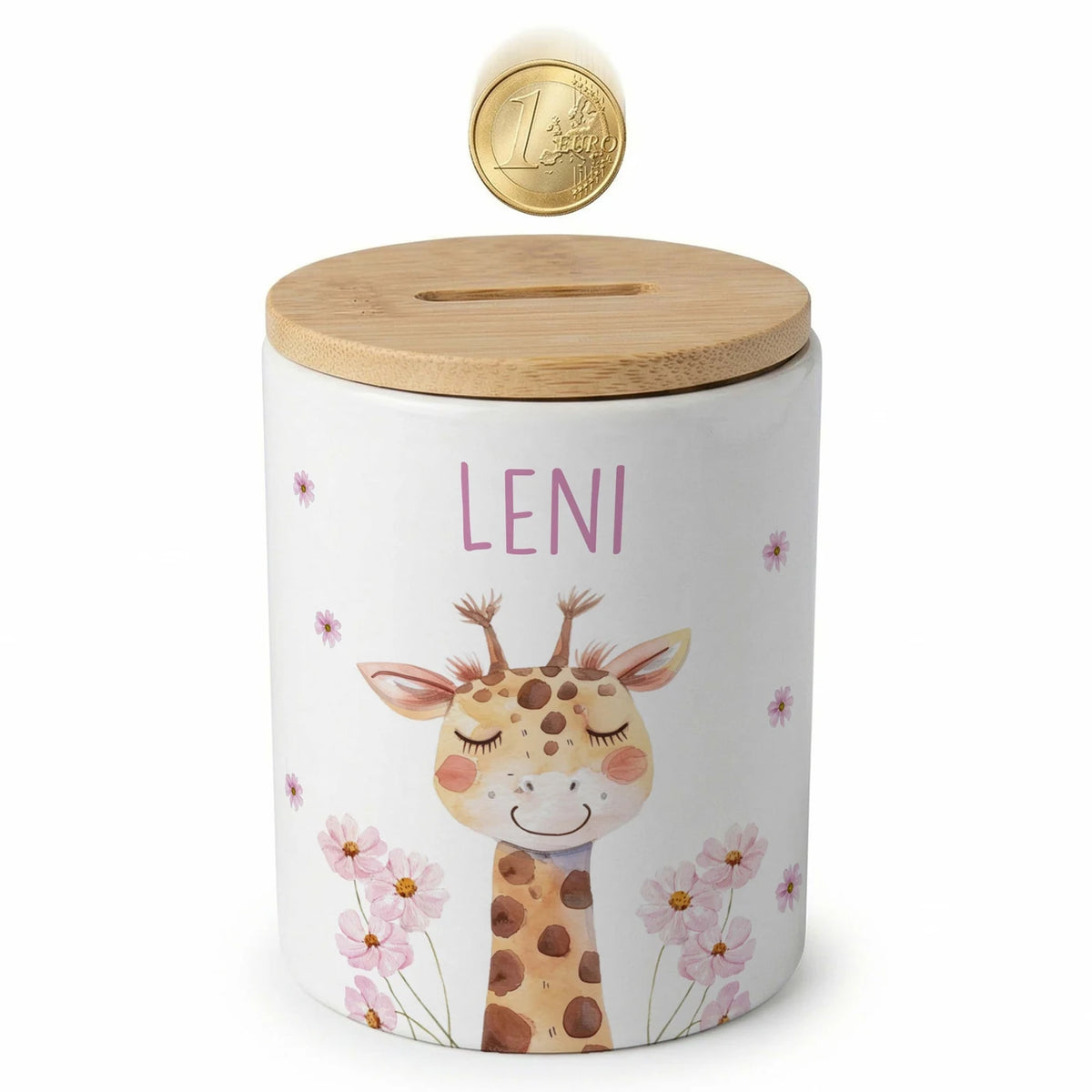 Personalisierte Spardose Giraffe Blumen – Keramik & Bambus mit Wunschname