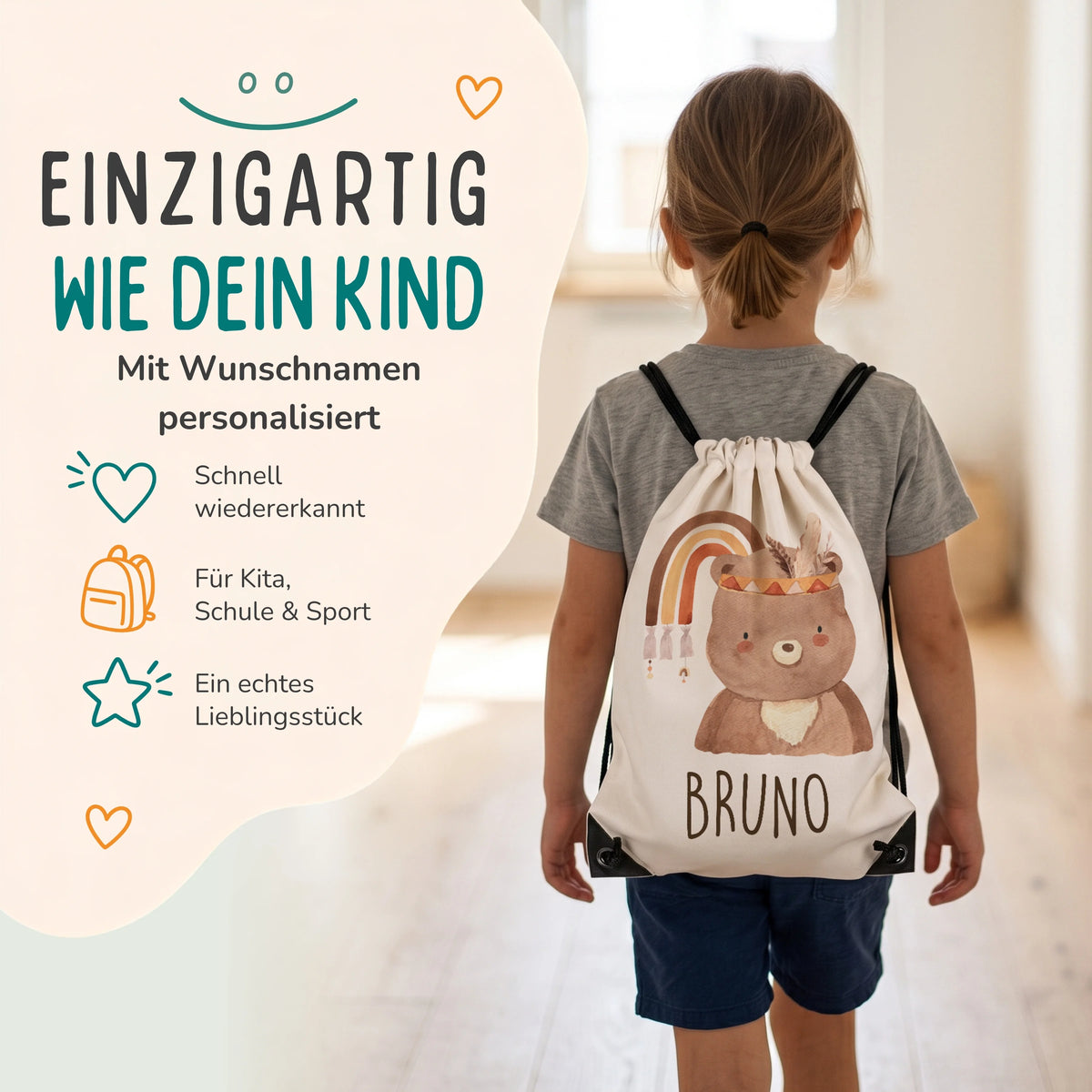 Personalisierter Turnbeutel Bär mit Regenbogen, Kind trägt den Beutel auf dem Rücken