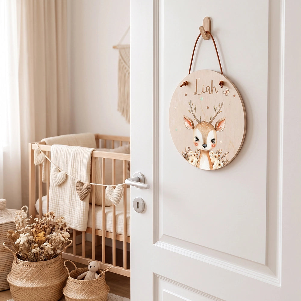 Türschild Kinderzimmer personalisiert mit Name Hirsch mit Blumen