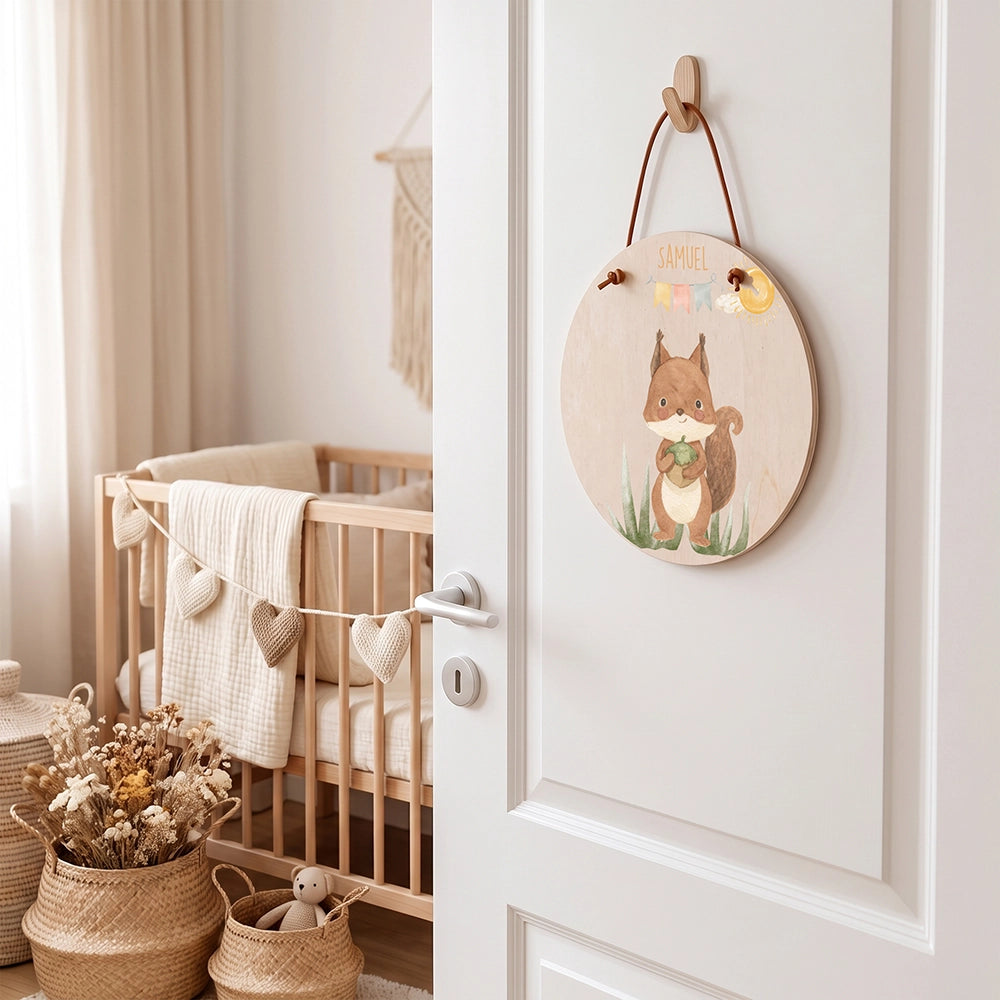 Türschild Kinderzimmer personalisiert Eichhörnchen mit Wimpelkette