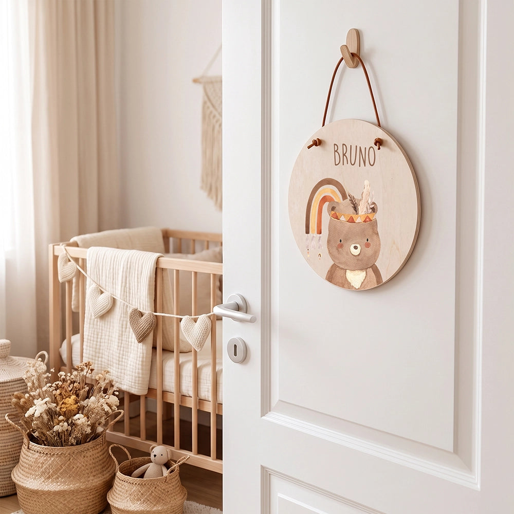 Türschild Kinderzimmer personalisiert mit Name Bär mit Regenbogen