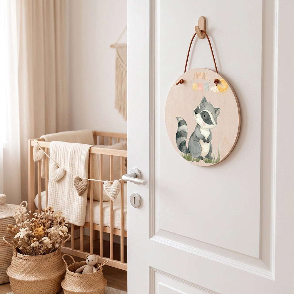 Türschild Kinderzimmer personalisiert Waschbär mit Wimpelkette