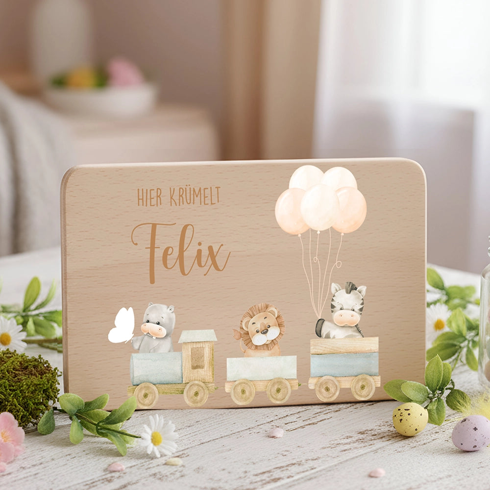 Frühstücksbrettchen Holz personalisiert Tiere Eisenbahn