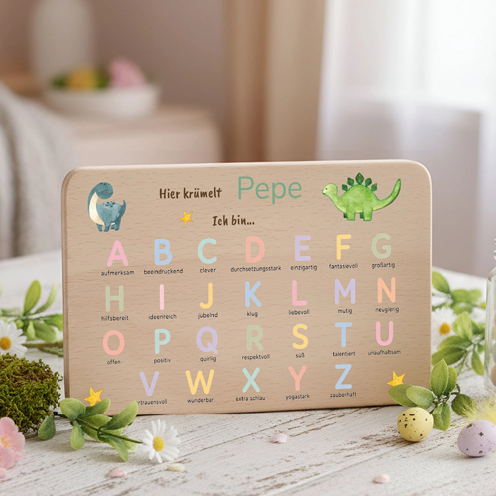 ABC Brettchen Kinder personalisiert – Dinosaurier pastell