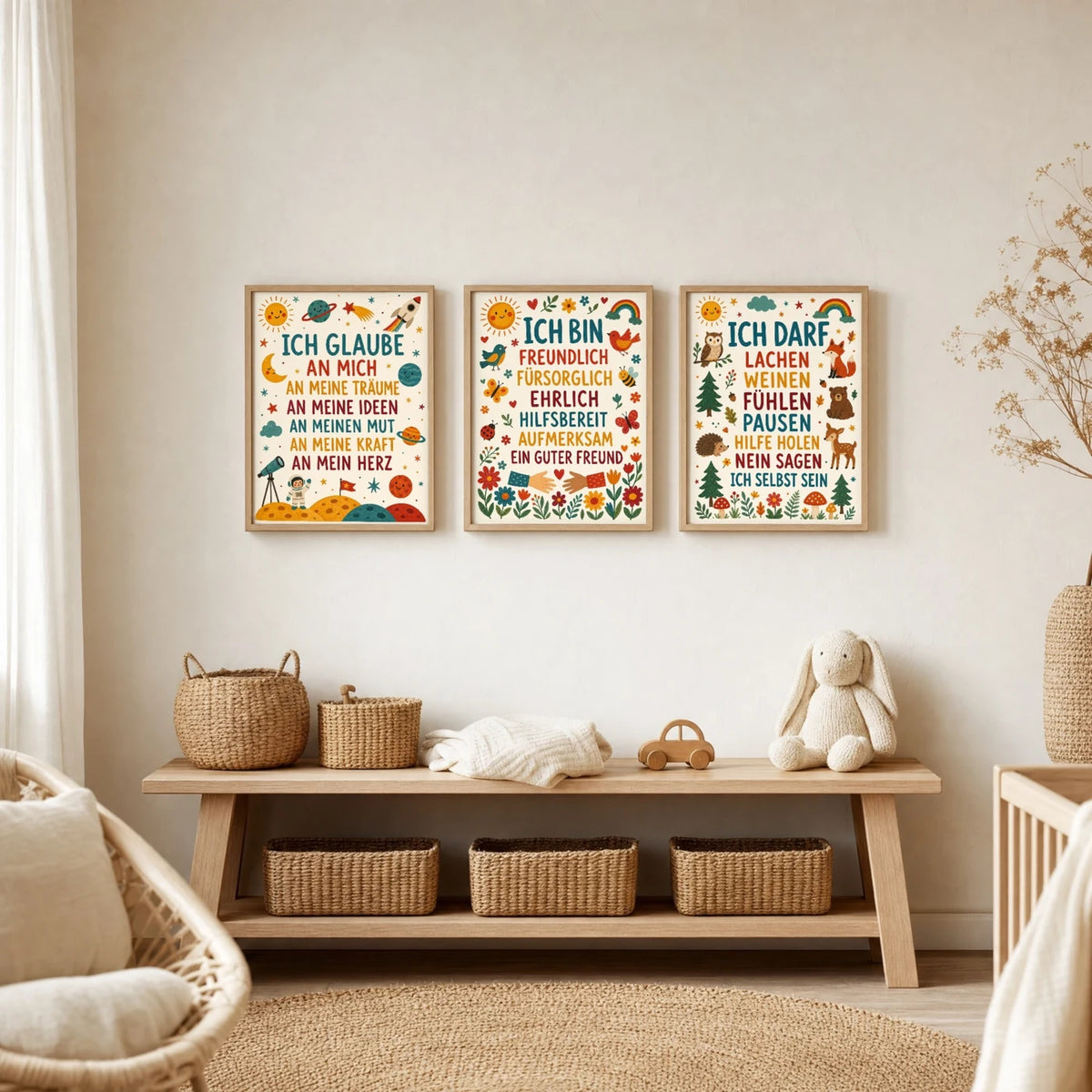 Kinderzimmer Deko: Affirmationsposter „Blumen Ich bin freundlich“ zusammen mit weiteren Motiven an der Wand