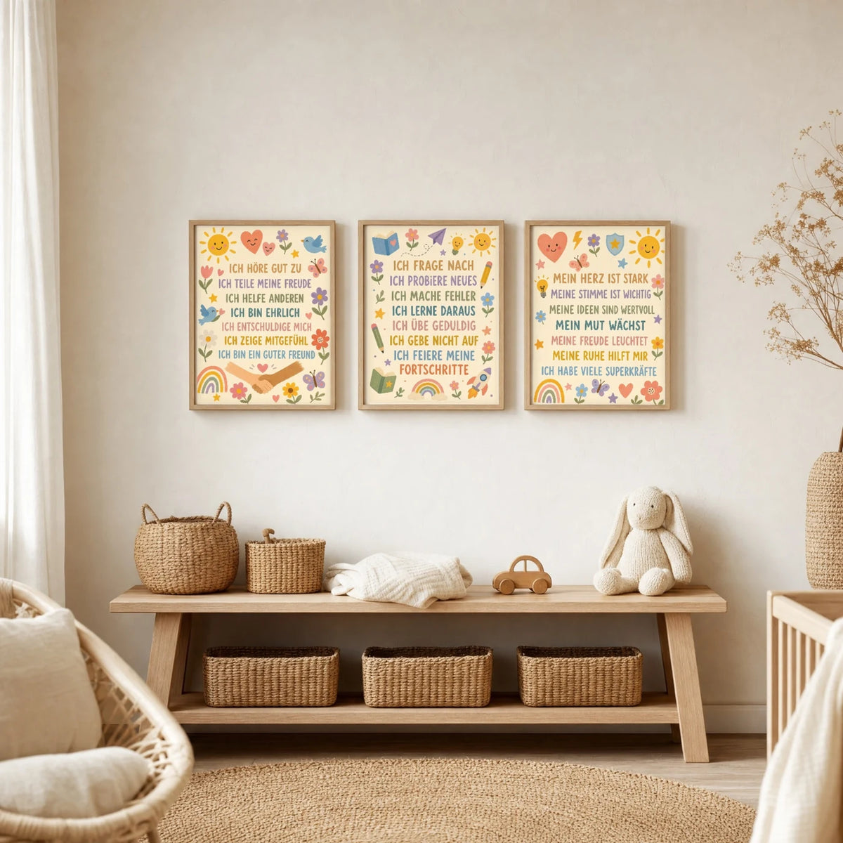 Kinderzimmer Deko: Affirmationsposter „Blumenwiese Ich frage nach“ zusammen mit weiteren Motiven an der Wand