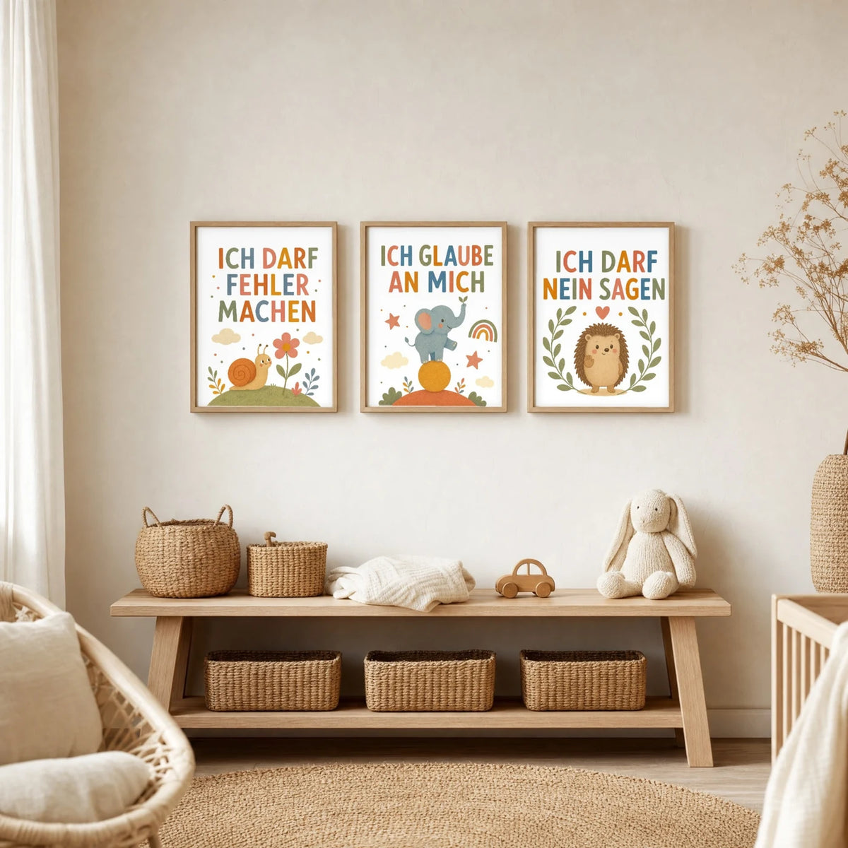 Kinderzimmer Deko: Affirmationsposter „Elefant Ich glaube an mich“ zusammen mit weiteren Motiven an der Wand