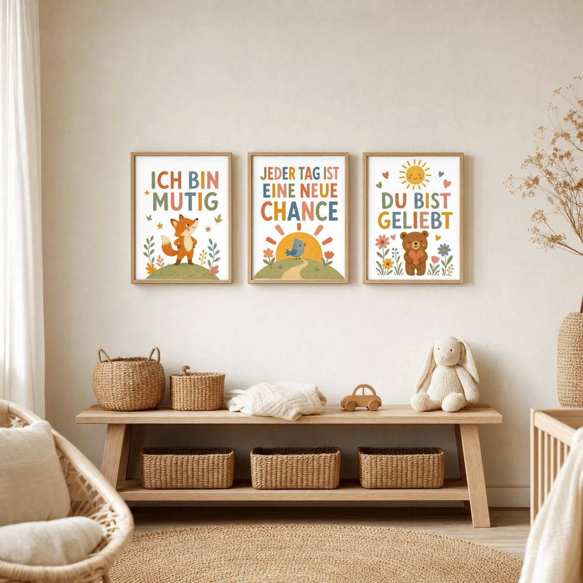 Kinderzimmer Deko: Affirmationsposter „Fuchs Ich bin mutig“ zusammen mit weiteren Motiven an der Wand