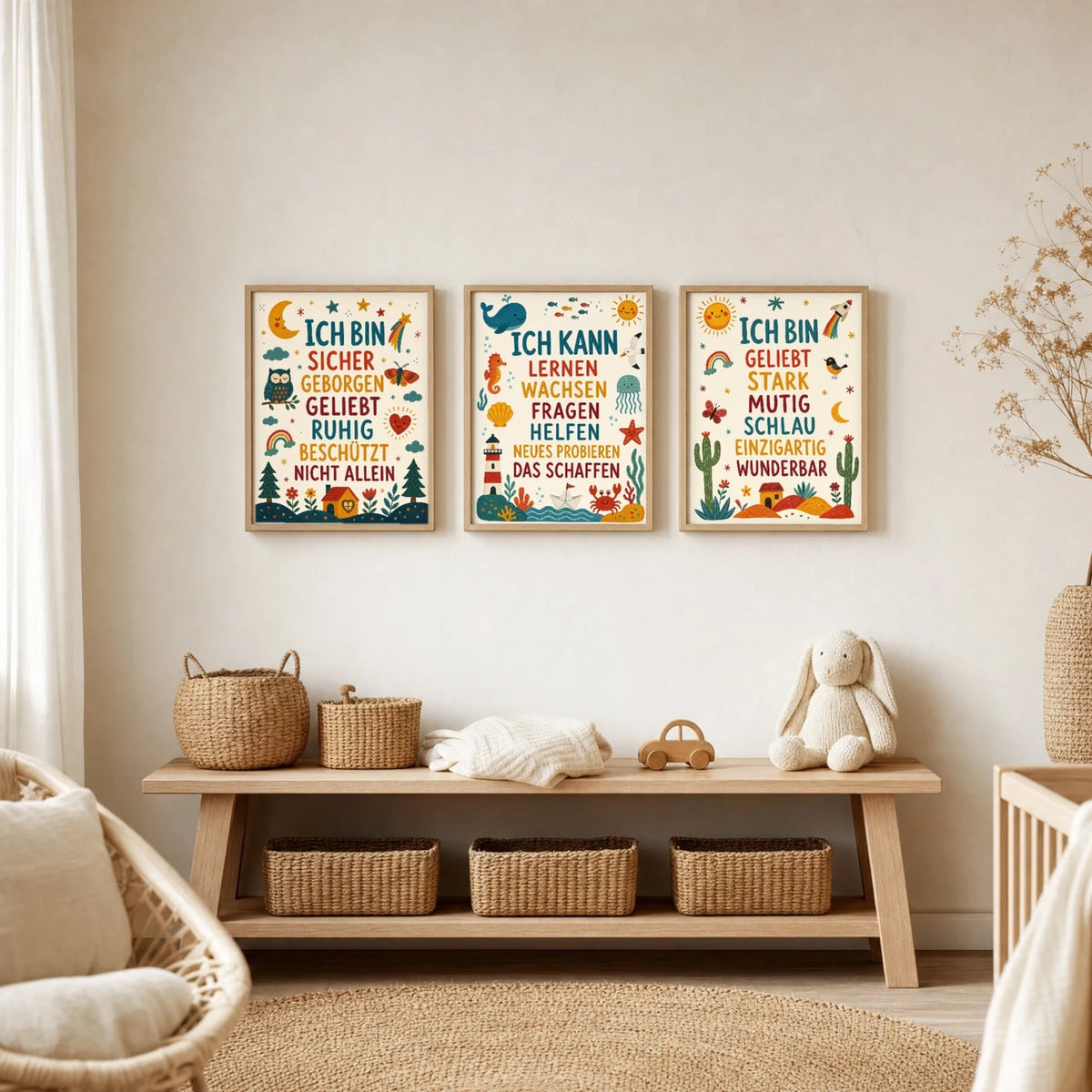 Kinderzimmer Deko: Affirmationsposter „Meer Ich kann lernen“ zusammen mit weiteren Motiven an der Wand