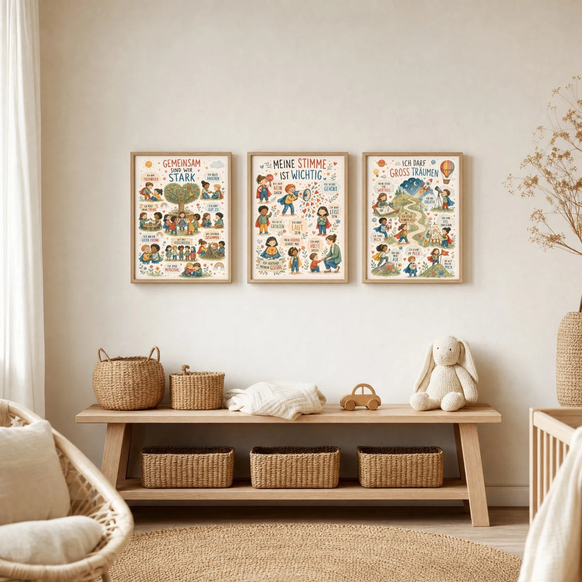 Kinderzimmer Deko: Affirmationsposter „Wimmelbild Meine Stimme“ zusammen mit weiteren Motiven an der Wand
