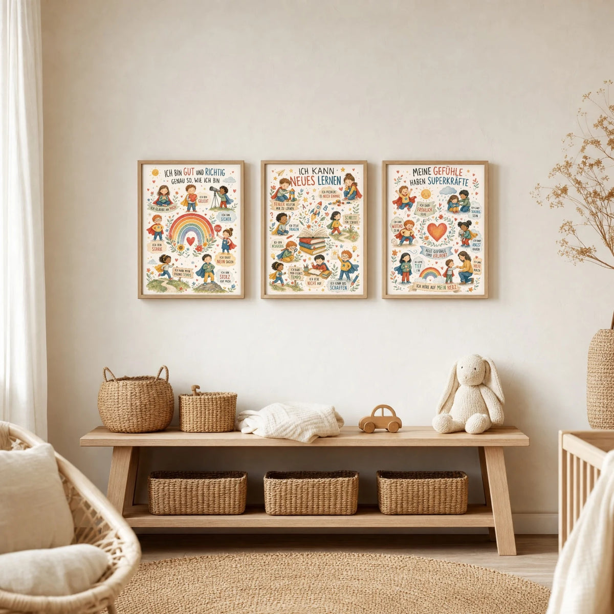 Kinderzimmer Deko: Affirmationsposter „Wimmelbild Neues lernen“ zusammen mit weiteren Motiven an der Wand