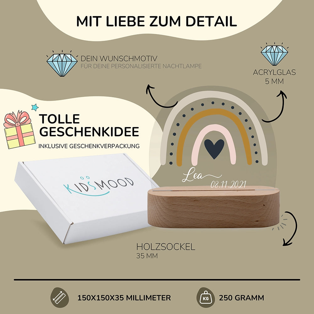 Nachtlicht Regenbogen personalisiert – 150 × 150 × 35 mm, 5 mm Acrylglas, Holzsockel, mit Geschenkverpackung