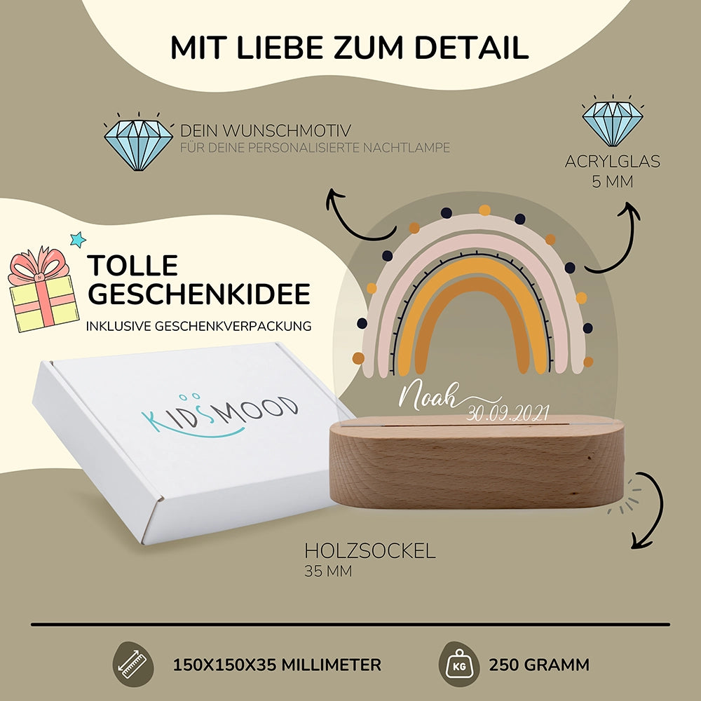 Nachtlicht Regenbogen personalisiert – 150 × 150 × 35 mm, 5 mm Acrylglas, Holzsockel, mit Geschenkverpackung
