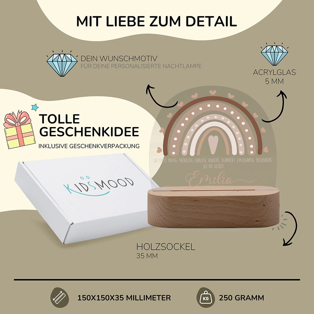 Nachtlicht Regenbogen personalisiert – 150 × 150 × 35 mm, 5 mm Acrylglas, Holzsockel, mit Geschenkverpackung