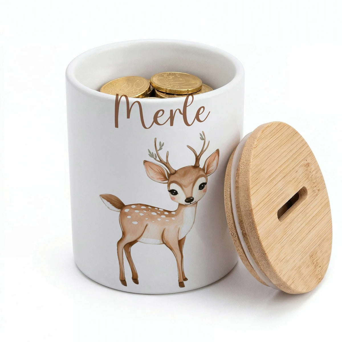 Personalisierte Spardose Rehkitz Bambi – Keramik & Bambus mit Wunschname