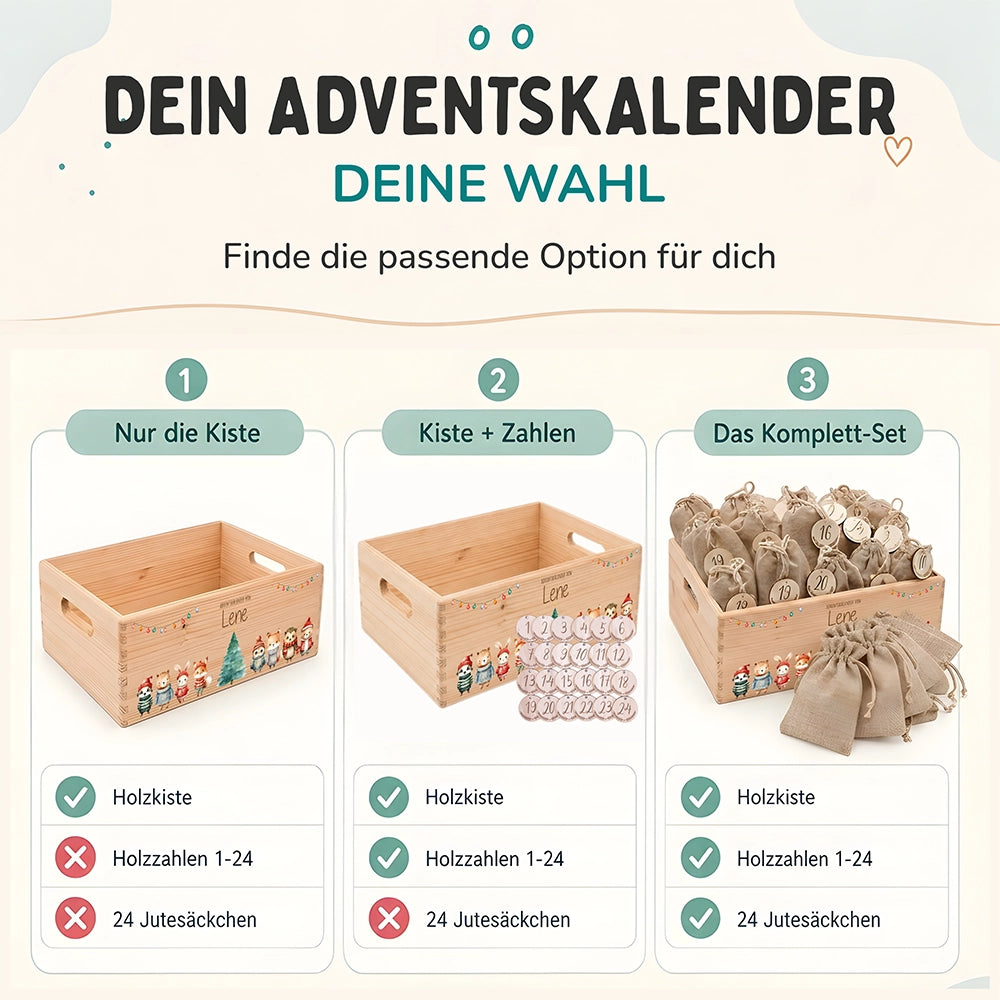 Adventskalender zum Befüllen "Weihnachten mit Tieren und Lichterkette" personalisiert