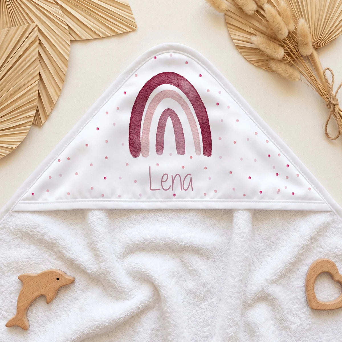 Personalisiertes Kapuzenhandtuch Baby – Boho-Regenbogen