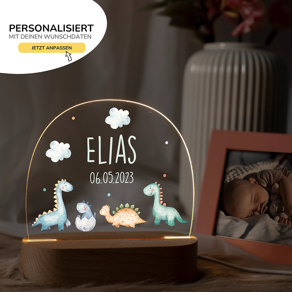 Nachtlicht Dino mit Namen im Kinderzimmer – personalisiertes Geschenk zur Geburt