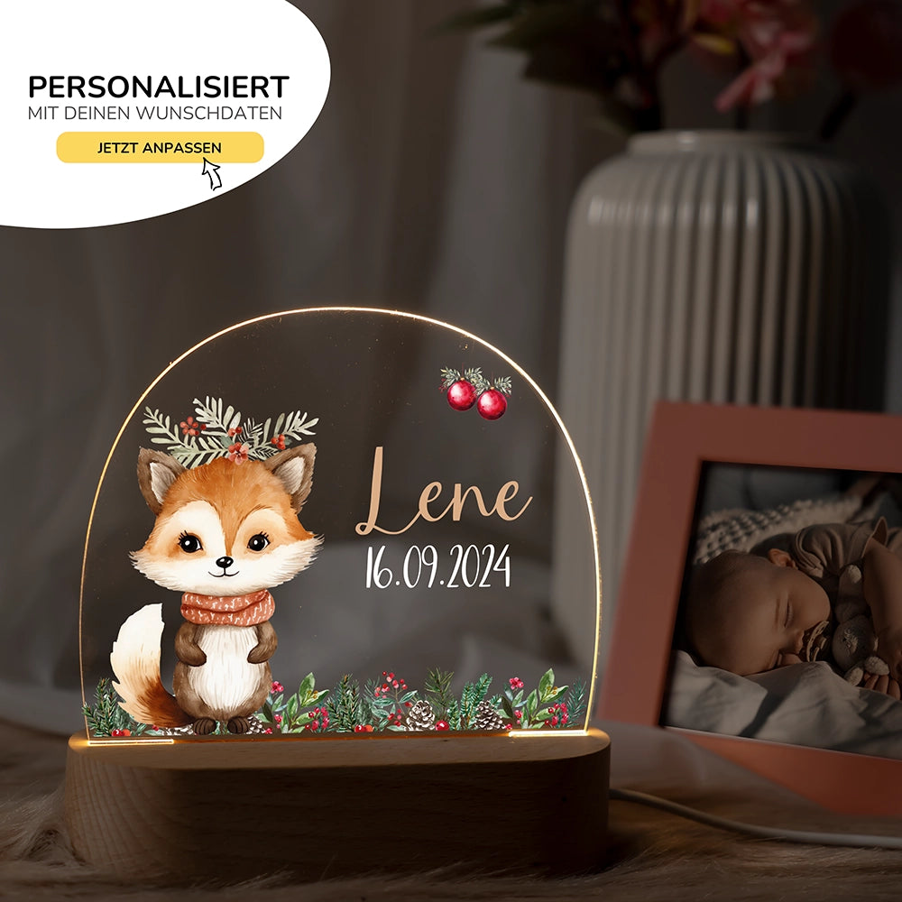 Nachtlicht Fuchs mit Namen im Kinderzimmer – personalisiertes Geschenk zur Geburt