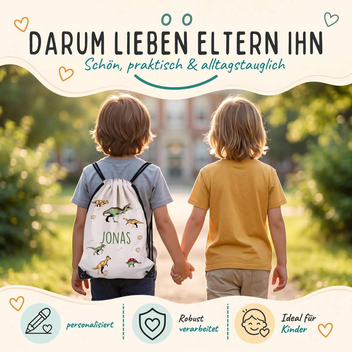 Personalisierter Turnbeutel Dinos, robuster Begleiter für Kita, Schule und Sport