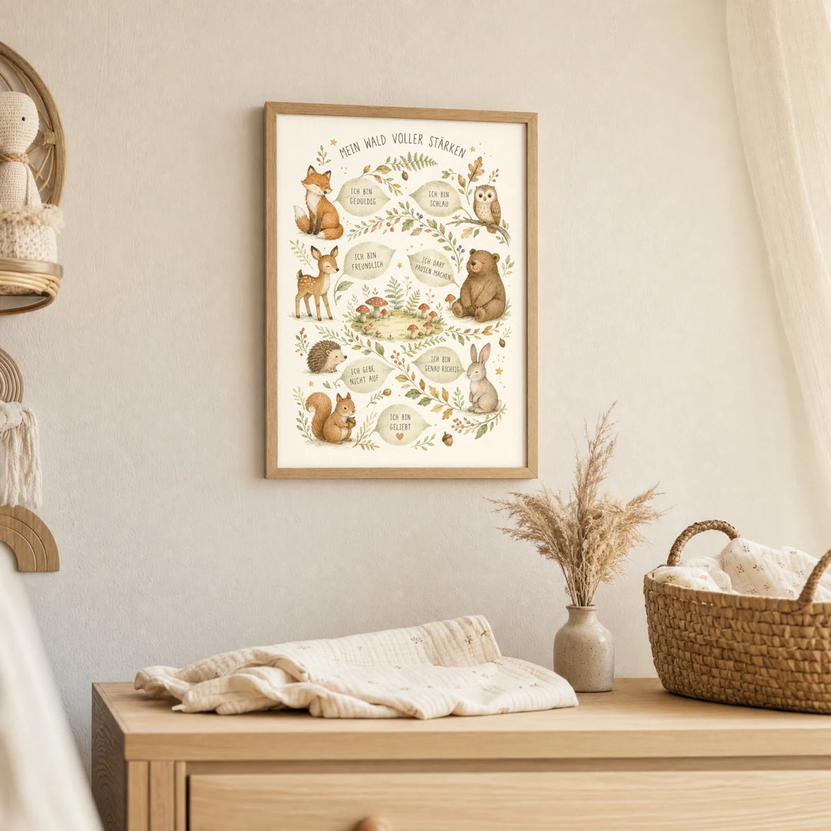 Wandbild Kinderzimmer: Affirmationsposter „Wald voller Stärken“ im Holzrahmen über der Kommode
