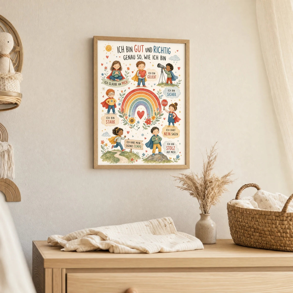 Wandbild Kinderzimmer: Affirmationsposter „Ich bin gut und richtig“ im Holzrahmen über der Kommode