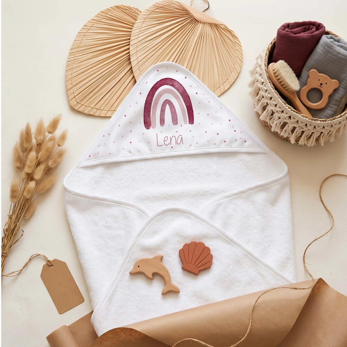 Personalisiertes Kapuzenhandtuch Baby – Boho-Regenbogen
