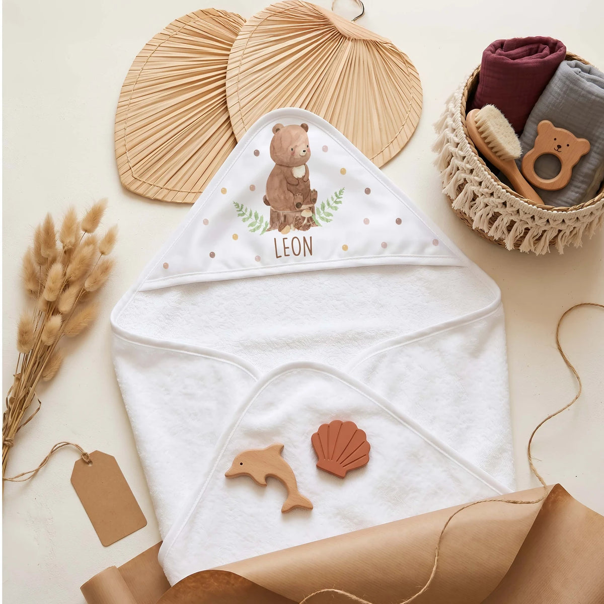 Personalisiertes Kapuzenhandtuch Baby – Bär Farn