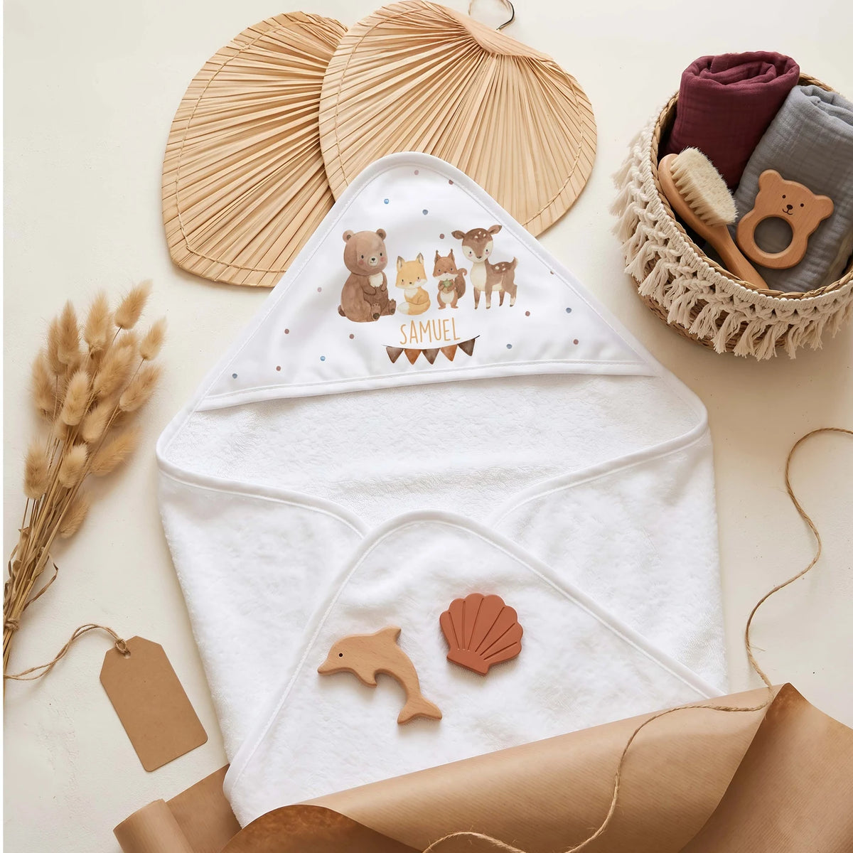 Personalisiertes Kapuzenhandtuch Baby – Waldtiere Wimpel
