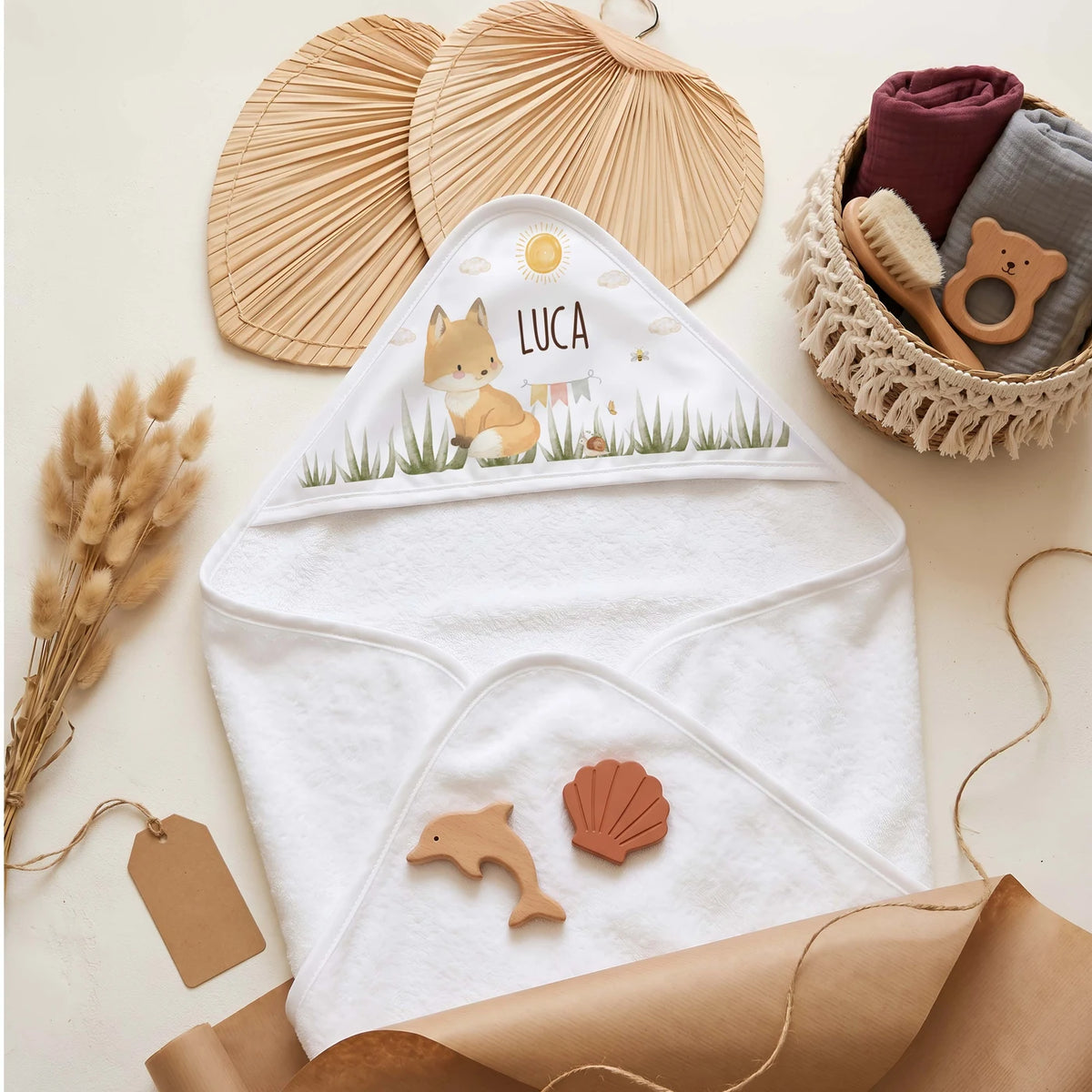 Personalisiertes Kapuzenhandtuch Baby – Fuchs Wiese