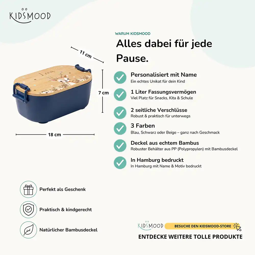 Brotdose Kinder personalisiert Rehkitz Boho, Bambusdeckel mit Wunschname Detail