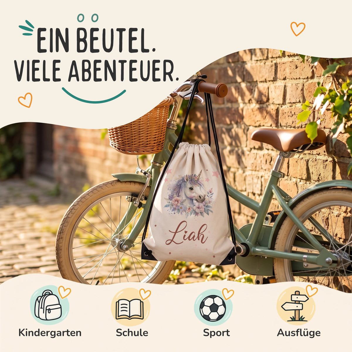 Personalisierter Turnbeutel Einhorn mit Blumen, Sportbeutel für Kindergarten, Schule, Sport und Ausflüge