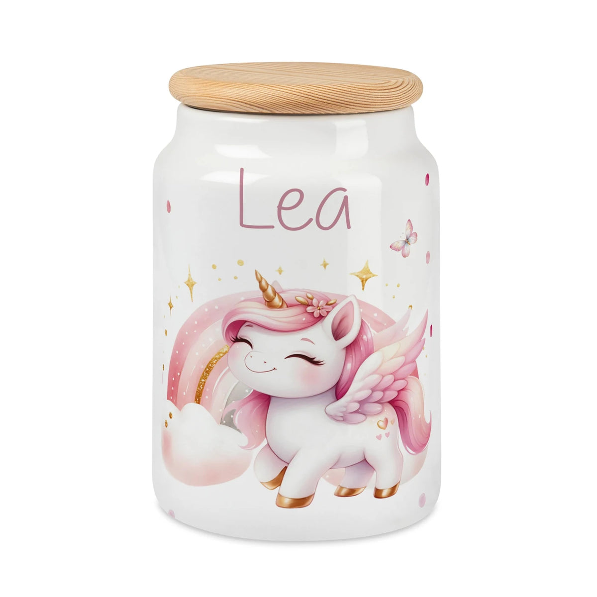 Personalisierbare Keksdose mit Name - Einhorn Regenbogen