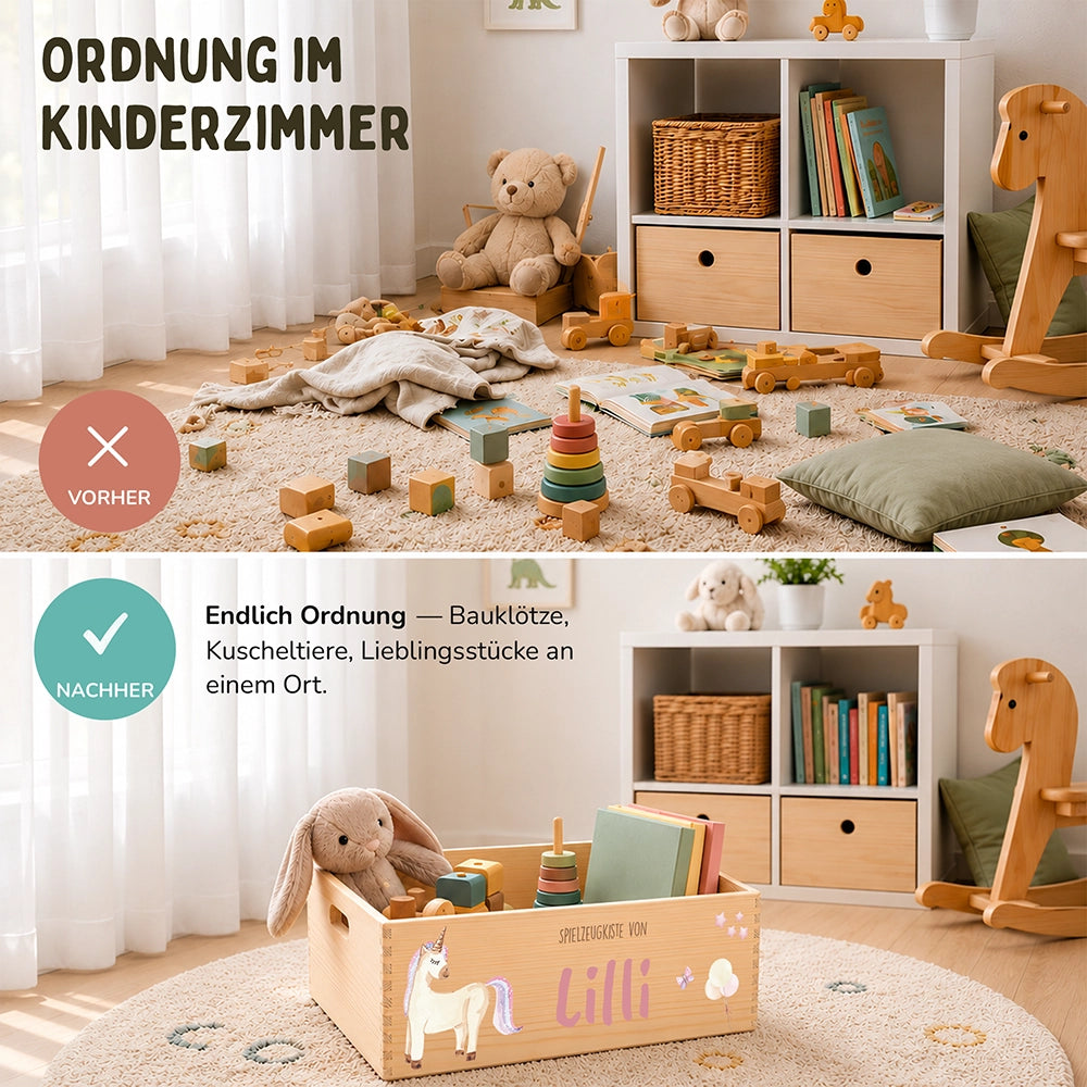 Spielzeugkiste personalisiert mit Namen - Einhornzauber