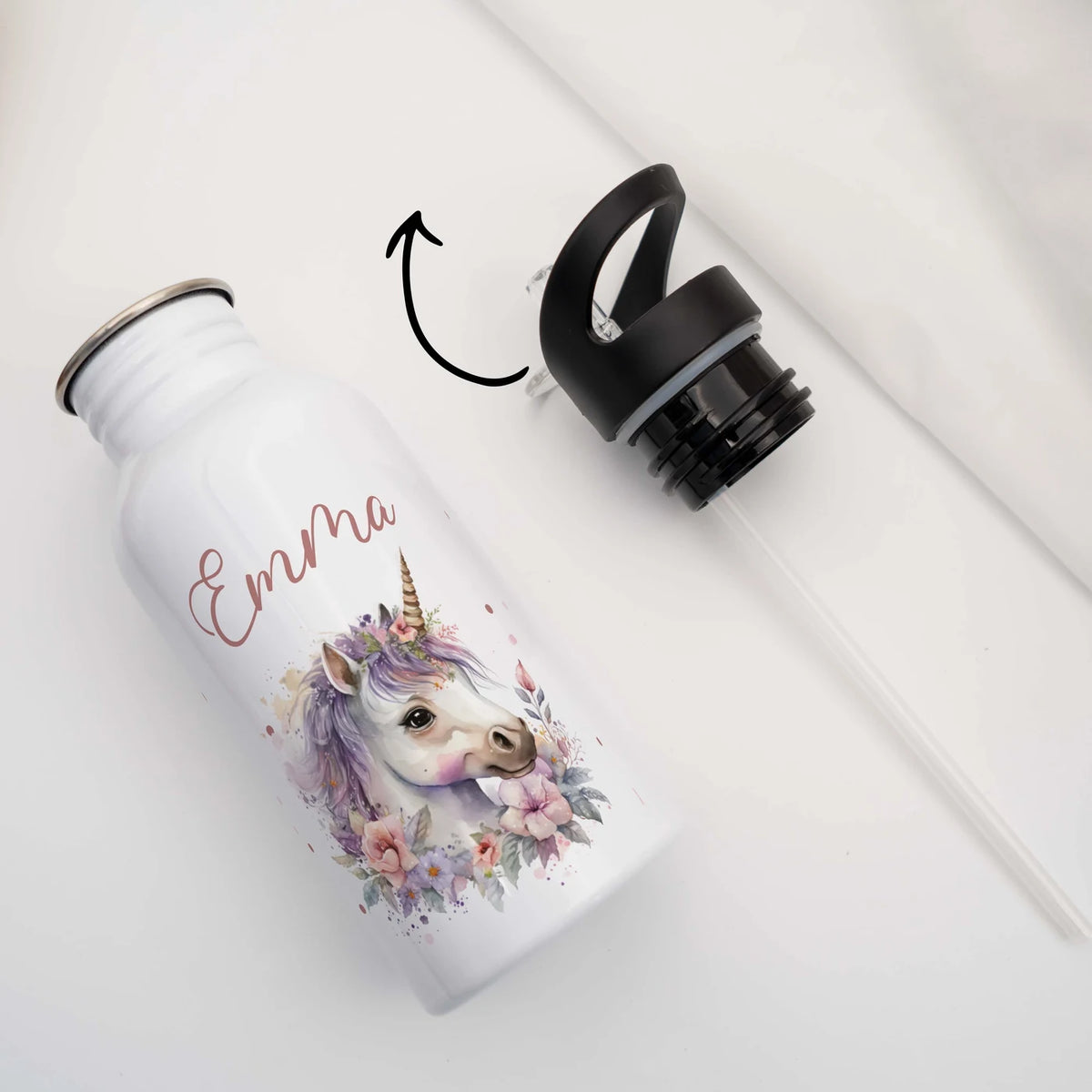 Trinkflasche Kinder Edelstahl - Einhorn mit Blüten