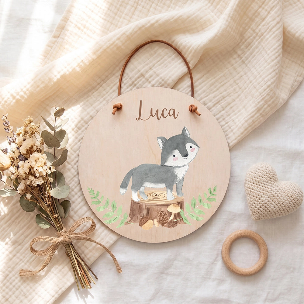 Türschild Kinderzimmer personalisiert mit Name Wolf im Wald