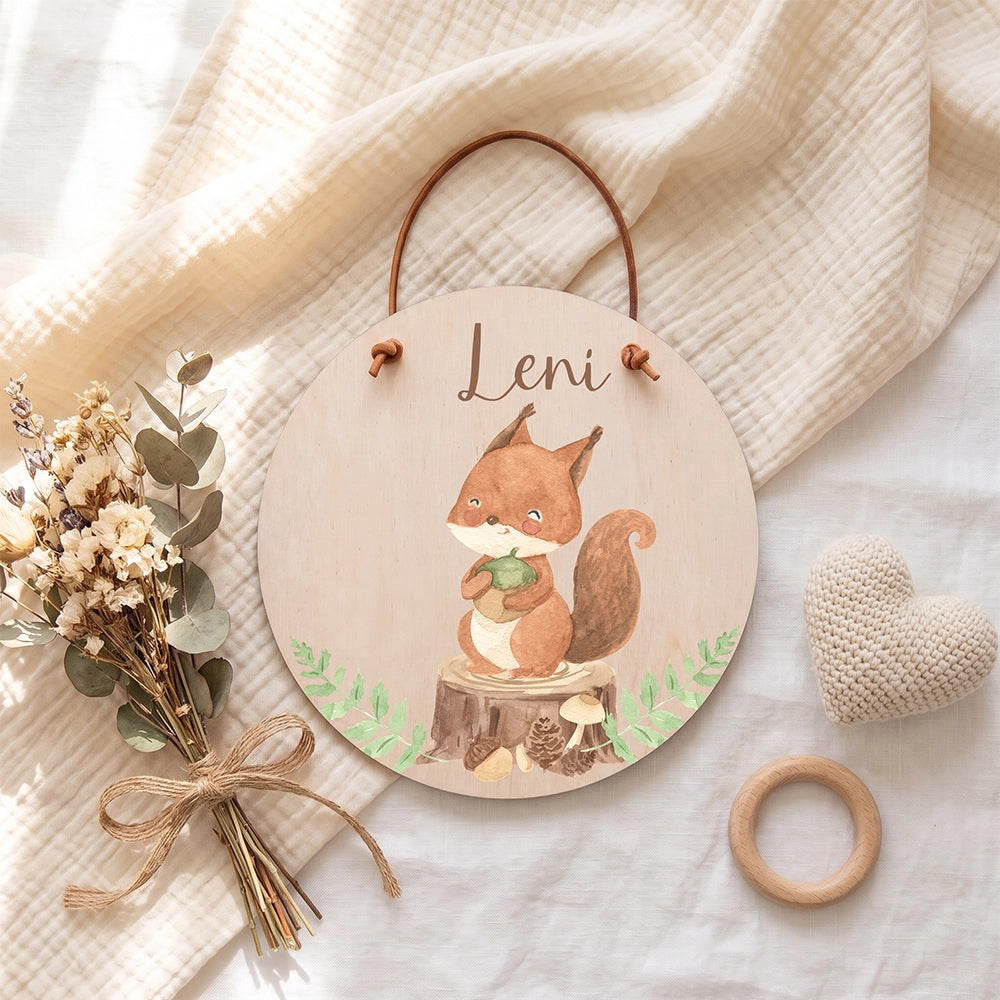 Türschild Kinderzimmer personalisiert mit Name Eichhörnchen im Wald