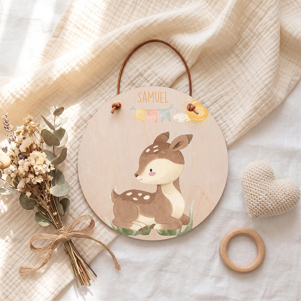 Türschild Kinderzimmer personalisiert mit Name Reh mit Wimpelkette