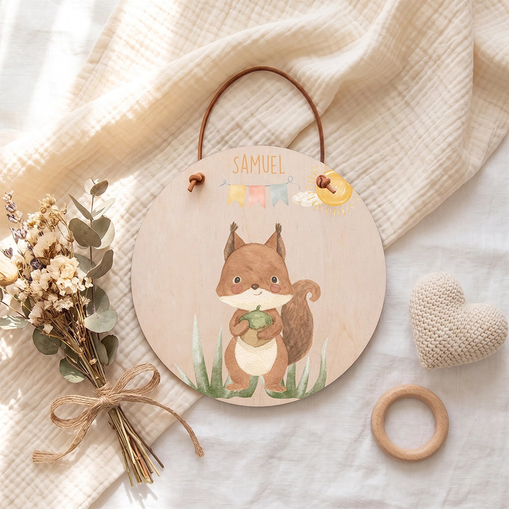 Türschild Kinderzimmer personalisiert Eichhörnchen mit Wimpelkette
