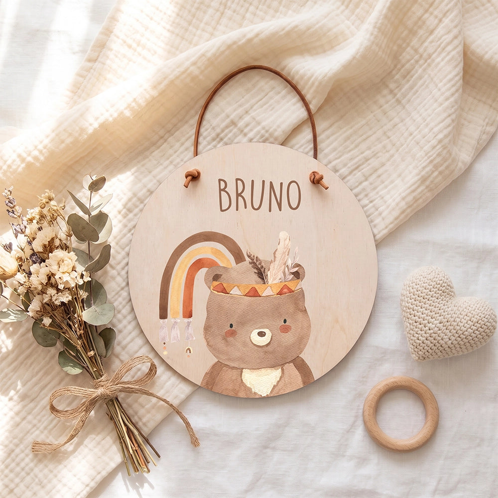 Türschild Kinderzimmer personalisiert mit Name Bär mit Regenbogen