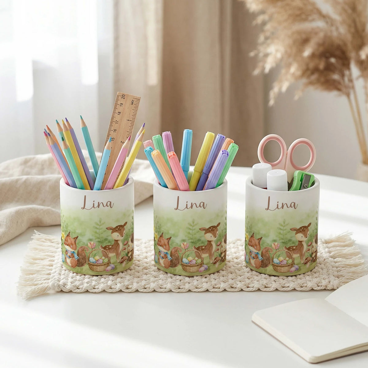 Personalisierter Stiftehalter Ostern Reh & Fuchs – Keramik mit Wunschname