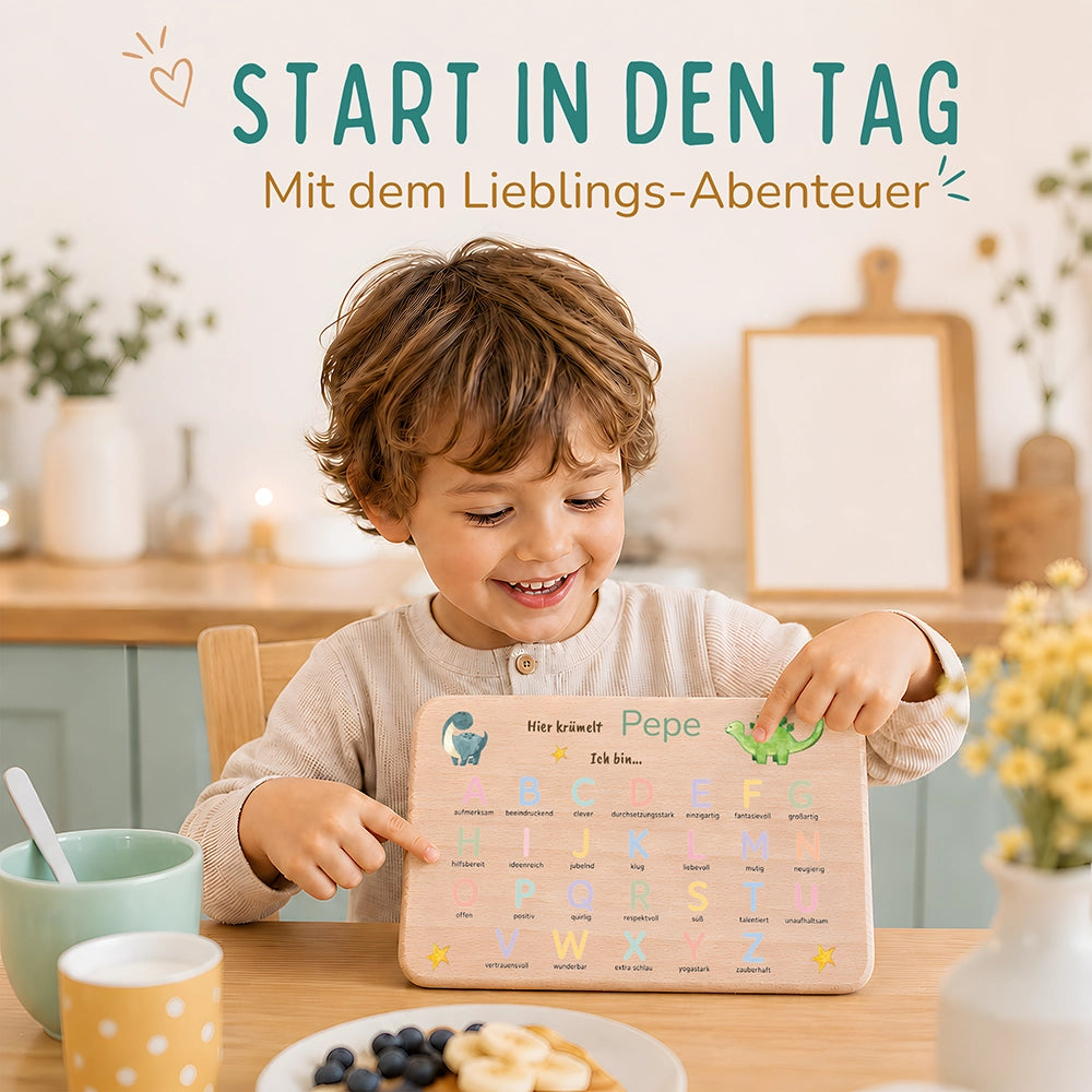 ABC Brettchen Kinder personalisiert – Dinosaurier pastell
