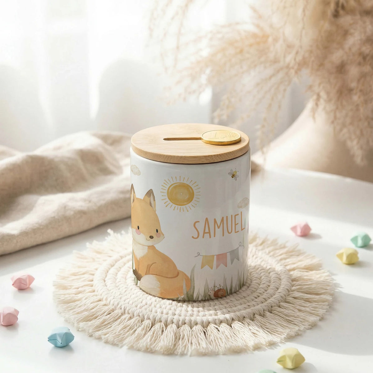 Personalisierte Spardose Fuchs Sommer – Keramik & Bambus mit Wunschname