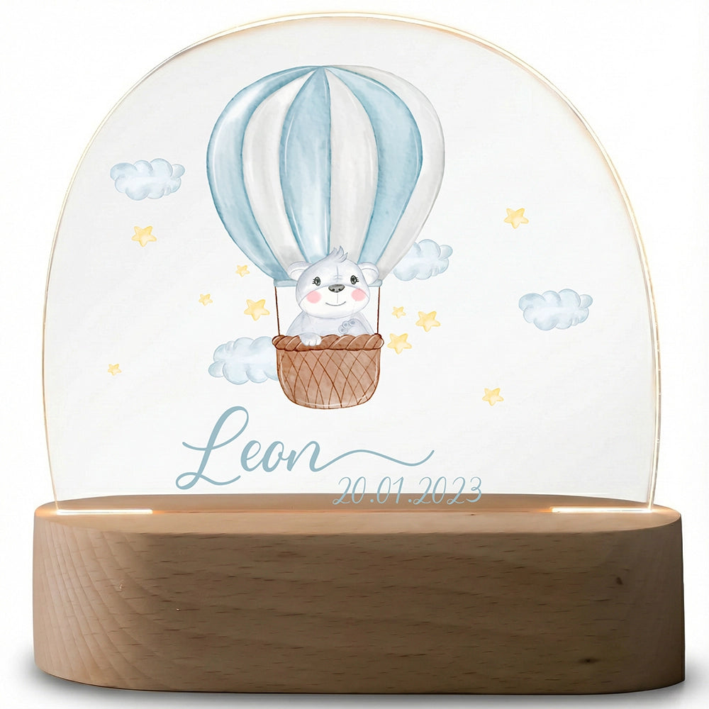 Nachtlampe Heißluftballon mit Namen ausgeschaltet – klares Acrylglas auf Holzsockel