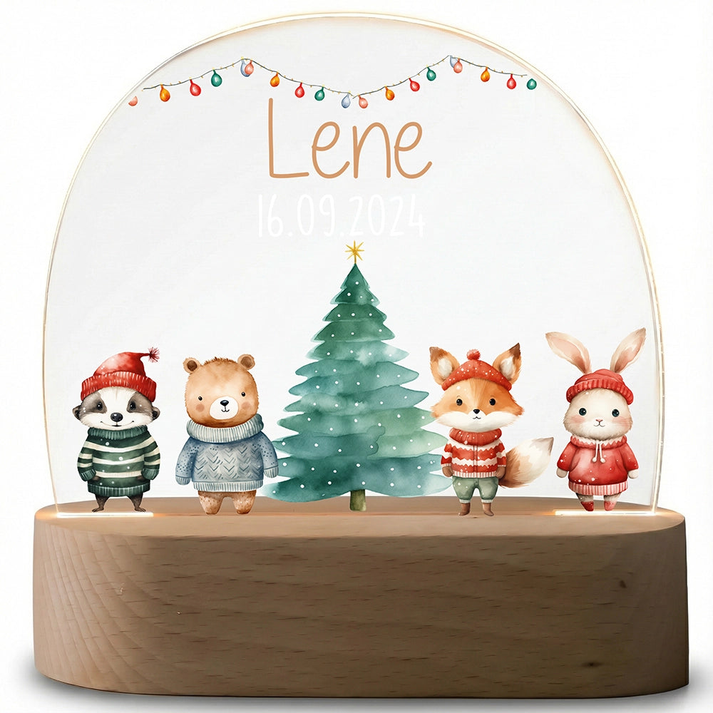 Nachtlampe Weihnachten mit Namen ausgeschaltet – klares Acrylglas auf Holzsockel