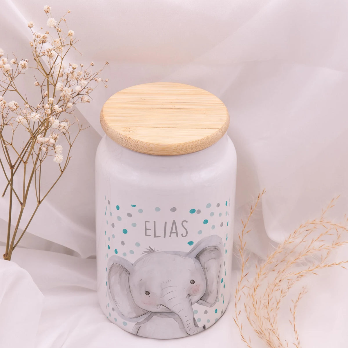 Personalisierbare Keksdose mit Name - Elefant mit Punkten