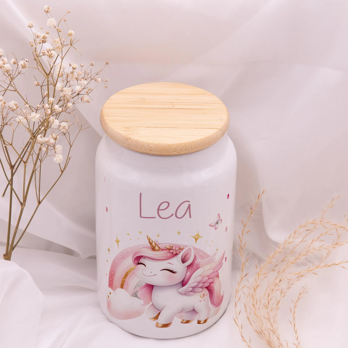 Personalisierbare Keksdose mit Name - Einhorn Regenbogen