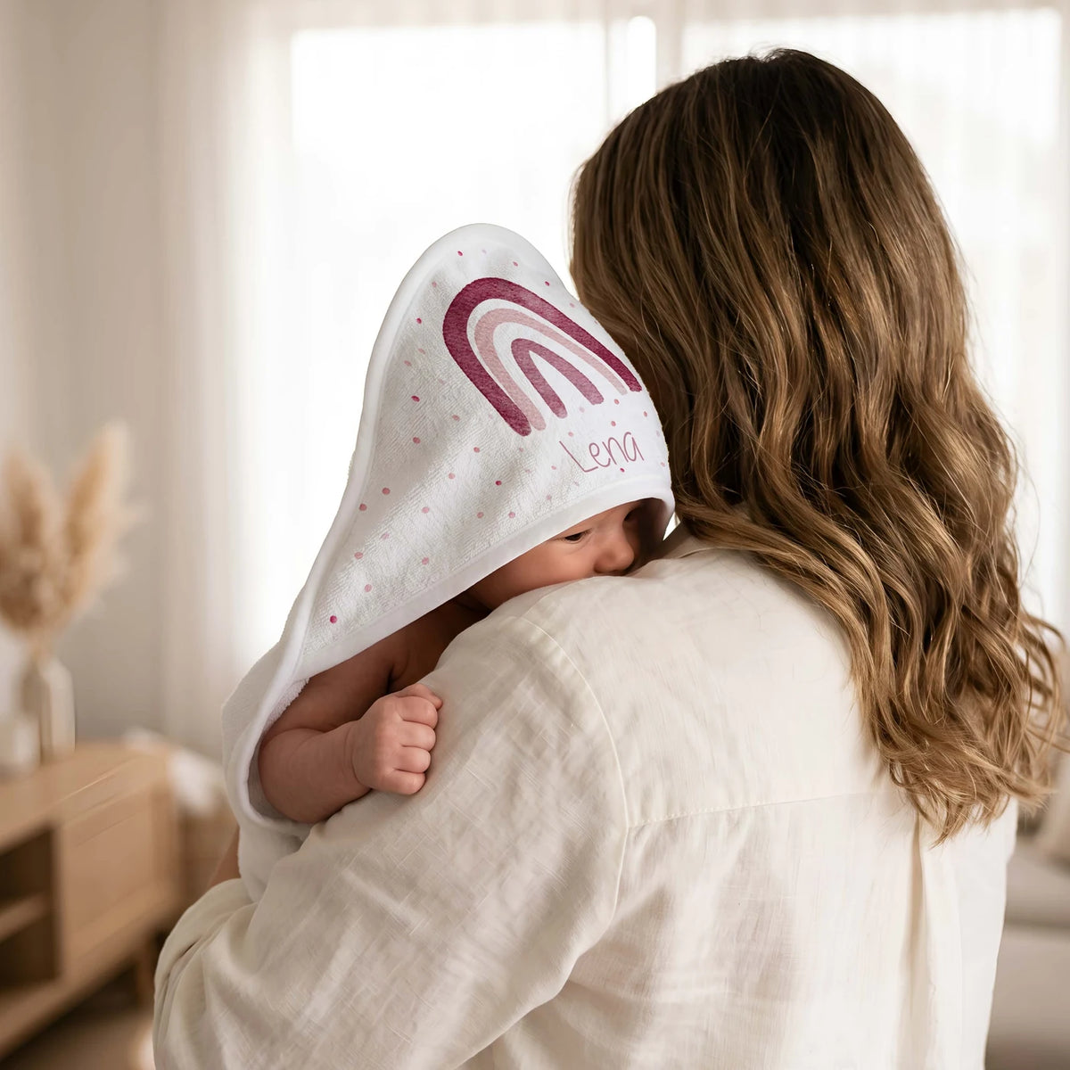 Personalisiertes Kapuzenhandtuch Baby – Boho-Regenbogen