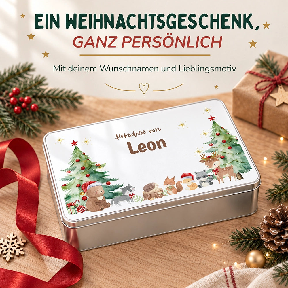 Keksdose aus Metall personalisiert - Weihnachtliche Waldtiere