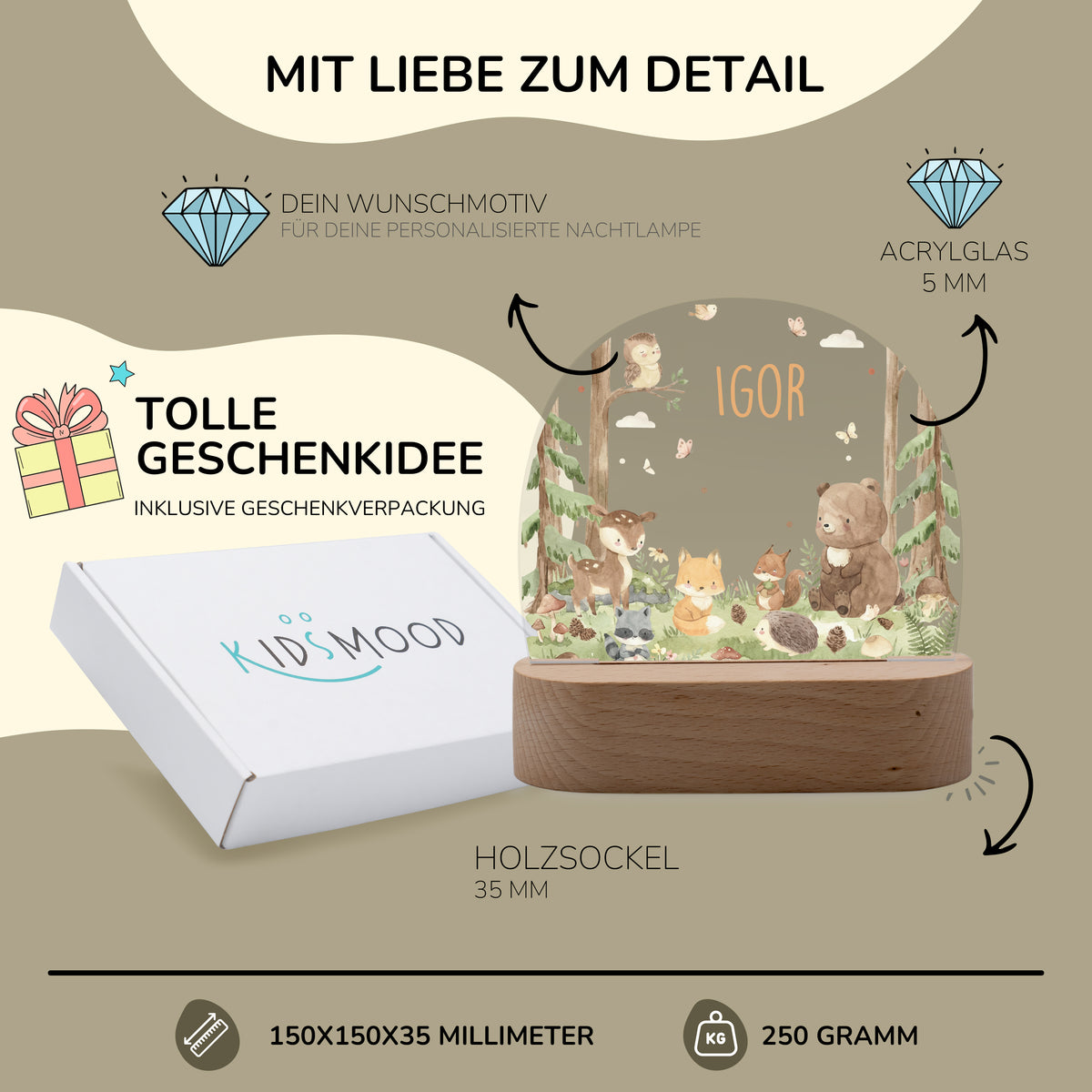 Nachtlicht Kinder personalisiert - Liebevolle Waldfreunde